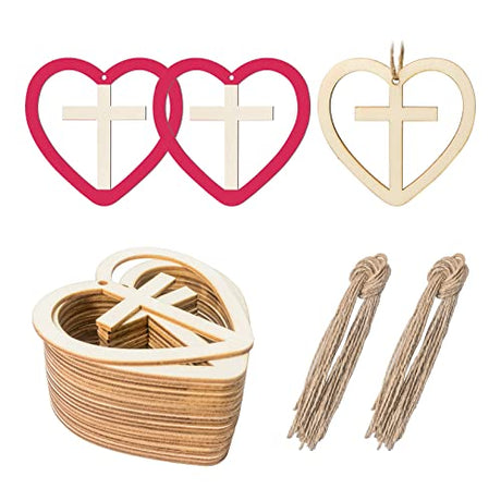 Heart Shape Wooden Cross Wooden Blank Wood with Twines Art Unfinished Ornaments for Christmas Wedding Birthday Party Valentine's Day Decoration 20Pcs Zontween
