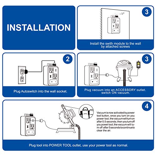 Automatic Vacuum Switch for Power Tools, Dust Control Autoswitch with Unique Current Sensing Technology to Delay Vacuum On, Prevent Circuit Overload