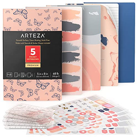 ARTEZA Pocket Notebooks, Set of 5, 5 x 8 Inches, 40 Sheets Each, Butterfly Designs, 2 Dotted, 2 Ruled, and 1 Blank Softcover Journal with Smooth ARTEZA