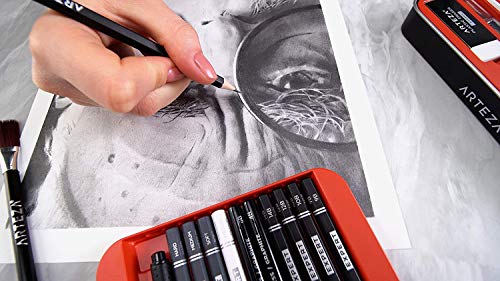 Arteza Drawing Set for Adults, Set of 33 Artist Sketching Tools, 20 Graphite & 4 Charcoal Sketch Pencils, 1 Fineliner, 3 Blenders, 1 Sharpener, 3 ARTEZA