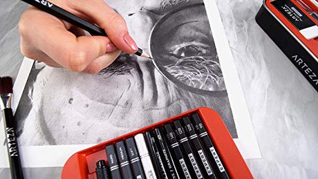 Arteza Drawing Set for Adults, Set of 33 Artist Sketching Tools, 20 Graphite & 4 Charcoal Sketch Pencils, 1 Fineliner, 3 Blenders, 1 Sharpener, 3 ARTEZA