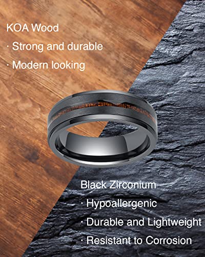LerchPhi 8MM Custom Engrave Valentines Day Gift for Him Mens Wedding Band KOA Wood Inlay Black Zirconium Stepped Edge Unisex Promise Ring Size 10.5 LerchPhi