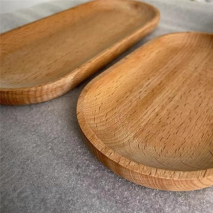 Mini Serving Tray for Jewellery Key Coin Set of 2, Oval Wood Natural Dessert Cup Tray, Small Wooden Cheese Plate, Tableware Decorative Tray