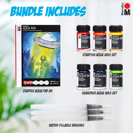 Marabu Watercolor Paint Set - Watercolor Paper Pad with 20 Sheets, A4 220 GSM - 6 Watercolor Inks, 3 Refillable Water Brushes - Watercolor Kit for Marabu