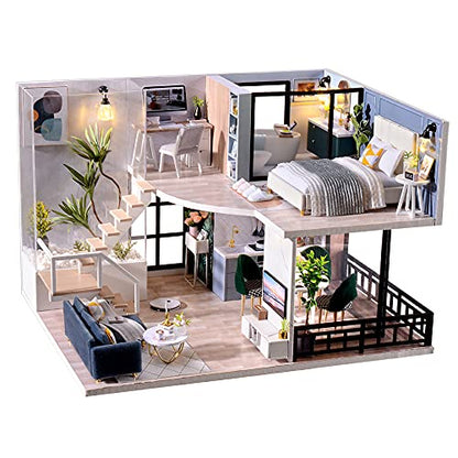 TuKIIE DIY Miniature Dollhouse Kit with Furniture, 1:24 Scale Creative Room Mini Wooden Doll House Accessories Plus Dust Proof & Music Movement for