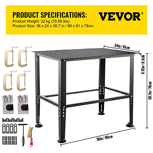 VEVOR Welding Table, 36" x 24" Steel Welding Workbench Table, 0.12-inch Thick Industrial Workbench, 600lb Loading Capacity Work Bench, Heavy Duty VEVOR