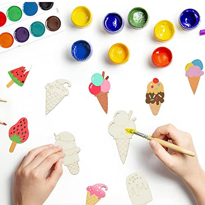 50PCS Unfinished Ice Cream Wood Cutouts 10 Styles Summer DIY Blank Unfinished Wooden Cutouts for Crafts Ice Cream Ornament for Kids Painting, DIY
