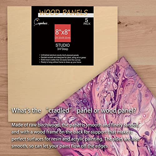 Unfinished Wood Boards Canvas for Painting, 5 Packs 3/4’’ Deep Cupohus 8’’ x 8’’ Wooden Cradled Panels for Pouring Art, Crfats, Paints and More Cupohus