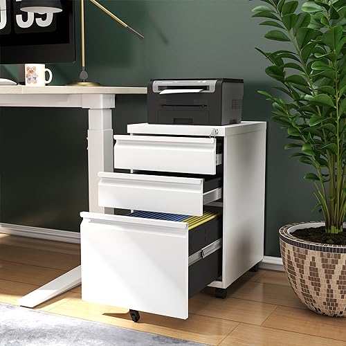 VIYET 3 Drawers Mobile File Cabinet, Rolling File Cabinet Fully Assembled Under Desk, Metal Filing Cabinet with Lock for Home Office Organizer