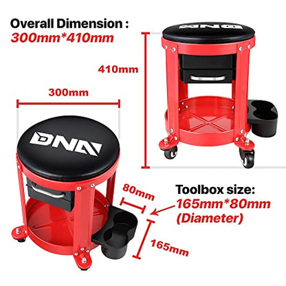 DNA Motoring TOOLS-00197 Round Mechanics Roller Seat Creeper Stool With Padded Cushion, Tool Storage Drawer & Tray, 300 Lbs Max Weight Capacity - WoodArtSupply