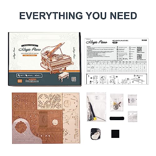 RoWood Mechanical Magic Piano 3D Wooden Puzzle Kit – Unique Gift for Music and Craft Lovers RoWood