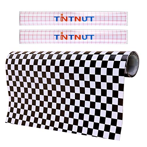 Tintnut Chessboard Permanent Vinyl Roll - 12 inch x 5ft, Checkered Racing Adhesive Vinyl Compatible with Cricut Machine, Black and White Permanent Tintnut