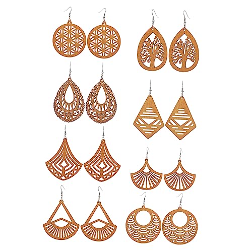 NOLITOY 8 Pairs Wooden Geometric Earrings Boho Earrings Dangle Earrings African Drop Earrings Bohemian Earrings Hollow Wooden Earrings Bohemian Drop NOLITOY
