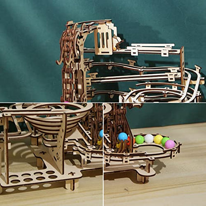 Wooden Marble Run Kit - 3D Puzzle Wood Colored Balls Run Stepped Hoist with 3-Stepped Lift Mechanism - Kinetic DIY Marble Run Wooden Puzzle