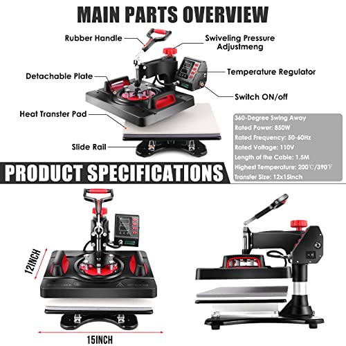AKEYDIY Upgraded 5 in 1 Heat Press Machine Digital Combo Sublimation Heat Transfer Machine12" X 15"Swing Away Shirt Printing Sublimation Machine AKEYDIY