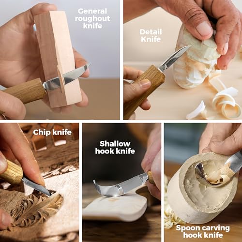 Schaaf Wood Carving Tools Deluxe Wood Carving Kit | Includes Detail Knife, Chip Carving Knife, Sloyd Wood Carving Knife, Spoon Carving Kit | Adult Schaaf Wood Carving Tools