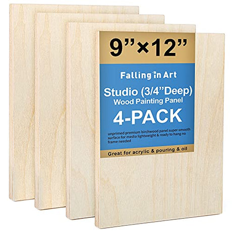 Falling in Art Unfinished Birch Wood Canvas Panels Kit, Falling in Art 4 Pack of 9x12’’ Studio 3/4’’ Deep Cradle Boards for Pouring Art, Crafts, Falling in Art