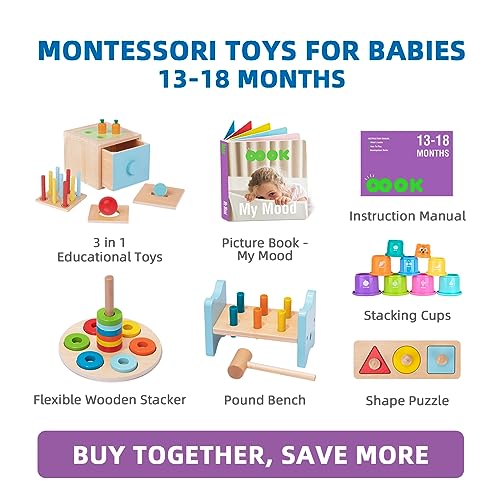 TOOKYLAND Montessori Toys for 1 Year Old, 8 in 1 Learning Educational Set Wooden Toys (Includes Stacking Cups, 3 in 1 Educational Box, Pound Bench, TOOKYLAND