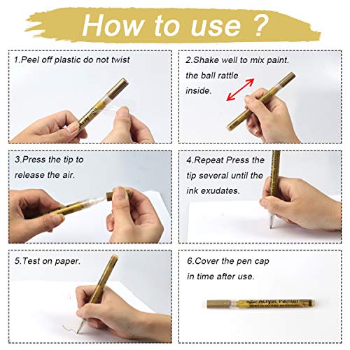 YOOHO Paint Pen Gold Silver Metallic Permanent Acrylic Markers Set for Fabric Glass Rock Wooden Ceramic Leather Tire Painting, 0.7mm Extra Fine Tip YOOHO