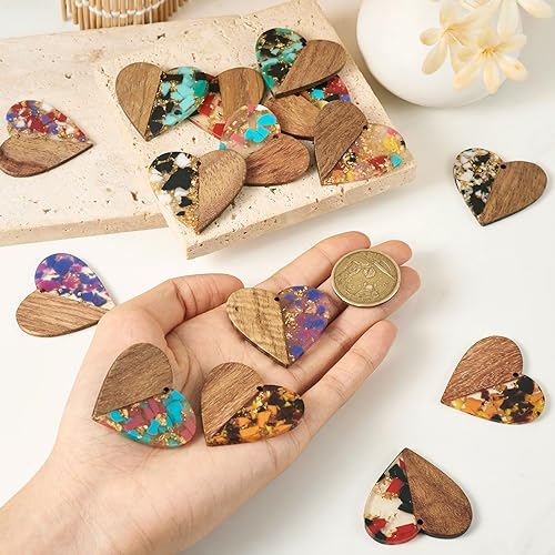 Craftdady 16Pcs Resin Wood Heart Charms with Gold Foil 8 Colors Walnut Wooden Pendants Earring Blank Charms for Women Boho Earrings Crafts DIY Craftdady