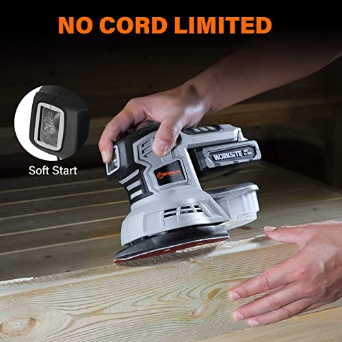 WORKSITE 20V MAX Cordless Random Orbital Sander & Detail Sander, Multi-Purpose Hand Sander w/2.0A Battery & Charger, 20pcs Sanding Discs, Dust