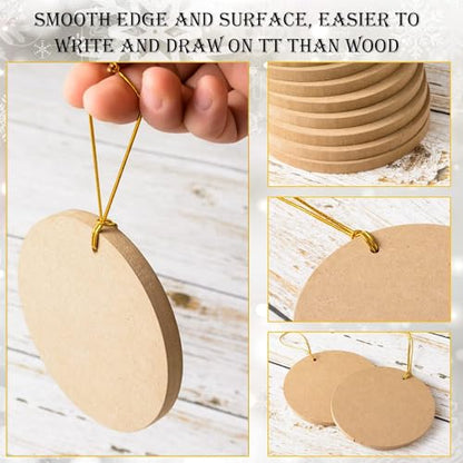 36 Pcs Wooden Christmas Ornaments Unfinished MDF Wood Round Cutouts with Hole 3.9 Inch Blank Round Wood Discs Slices with Twine for DIY Crafts Xmas
