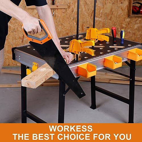 WORKESS Portable Workbench 1000Lbs Capacity Heavy Duty Folding Work Table with 2 Quick Clamps, 4 Bench Dogs, 3 Tool Boxes for Garage Easy Storage WORKESS