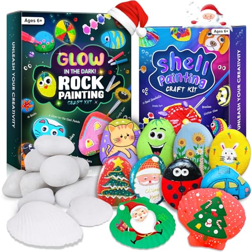2 Pack Separate Kids Rock & Sea Shell Painting Kit, Arts & Crafts Gifts for Girls and Boys Kids Activities Kits, Creative Art Decorations Paint Kit