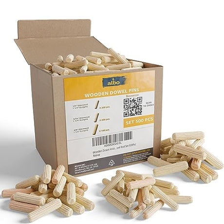 ALBO Wooden Dowel Pins 500 Pack Assorted Sizes 1/4 + 5/16 + 3/8 inch Fluted Wood Dowels Rods Hardwood Crafts Dowel Pegs… Albo