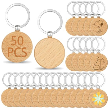 Oungy 50PCS Wooden Keychain Blanks Unfinished Round Wood Keychain Blanks Wooden Key Chain Bulk for Engraving Personalized DIY Gift Crafts Oungy