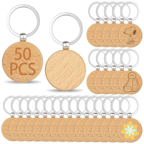 Oungy 50PCS Wooden Keychain Blanks Unfinished Round Wood Keychain Blanks Wooden Key Chain Bulk for Engraving Personalized DIY Gift Crafts - WoodArtSupply