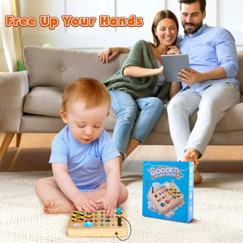 TINTECUSA Busy Board Montessori Toys for Toddler, Wooden Sensory Board Switch Toy with Shape Sorter LED Light Up Toys Educational Plane Travel - WoodArtSupply