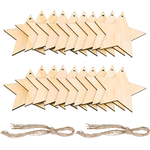 Pangda 20 Packs Wooden Star Cutouts Hanging Ornaments with 20 Packs Strings for Wedding, DIY, Craft, Festival, Decoration, Embellishments - WoodArtSupply