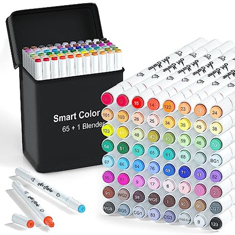 Art Markers, 65 Coloring Markers and 1 Blender, 66 Pack Alcohol Based Dual Tip Permanent Markers Highlighters with Case, Excellent for Adults Kids Smart Color Art