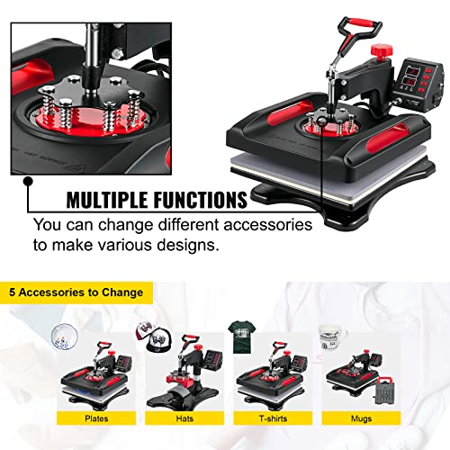 VEVOR Heat Press, Upgrade 5 in 1 Heat Press Machine for T-Shirt Hat Cap Mug Plate Sublimation, 15x15 inch Anti-Scald Fast Swing Away Digital Control VEVOR