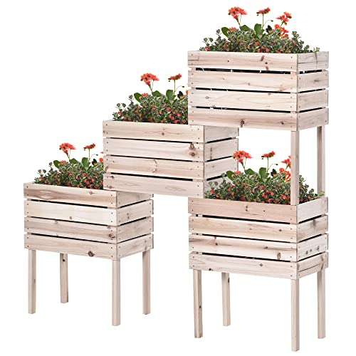 Outsunny 4PCS Raised Garden Bed, Wooden Elevated Planter Box Kit with Bed Liner, DIY Shape, for Flowers Vegetables