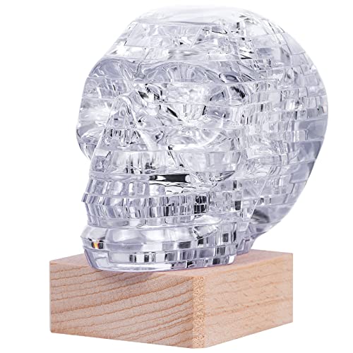 3D Skull Crystal Puzzle, Skull Assembly Brain Teaser with Light-Up Wood Base for Halloween Decorations Indoor, Plastic Skull DIY Puzzle Blocks 3D WoodArtSupply
