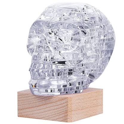 3D Skull Crystal Puzzle, Skull Assembly Brain Teaser with Light-Up Wood Base for Halloween Decorations Indoor, Plastic Skull DIY Puzzle Blocks 3D - WoodArtSupply