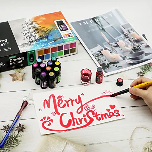 Mont Marte Drawing Ink Kit Signature 16pc, Great Art Set, Includes 12 x 7ml (0.24 US fl.oz) Ink Colours, Glass Dip Pen, Paint Brush, Pen Rest, Ink MONT MARTE