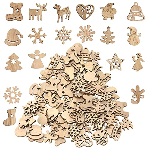 yueton 100PCS Mini Christmas Tree Snowflakes Stars Moose Bells Hats Socks Angels Christmas Unfinished Blank Wood Pieces Wood Slices Wood Chips yueton