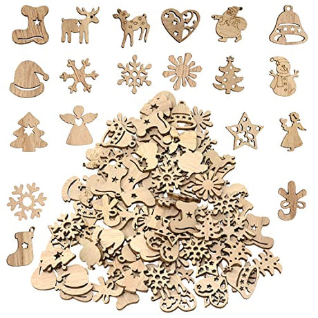 yueton 100PCS Mini Christmas Tree Snowflakes Stars Moose Bells Hats Socks Angels Christmas Unfinished Blank Wood Pieces Wood Slices Wood Chips yueton