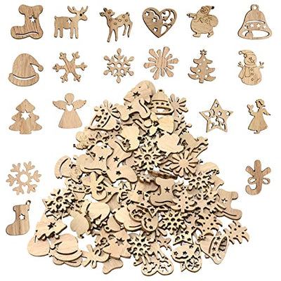 yueton 100PCS Mini Christmas Tree Snowflakes Stars Moose Bells Hats Socks Angels Christmas Unfinished Blank Wood Pieces Wood Slices Wood Chips