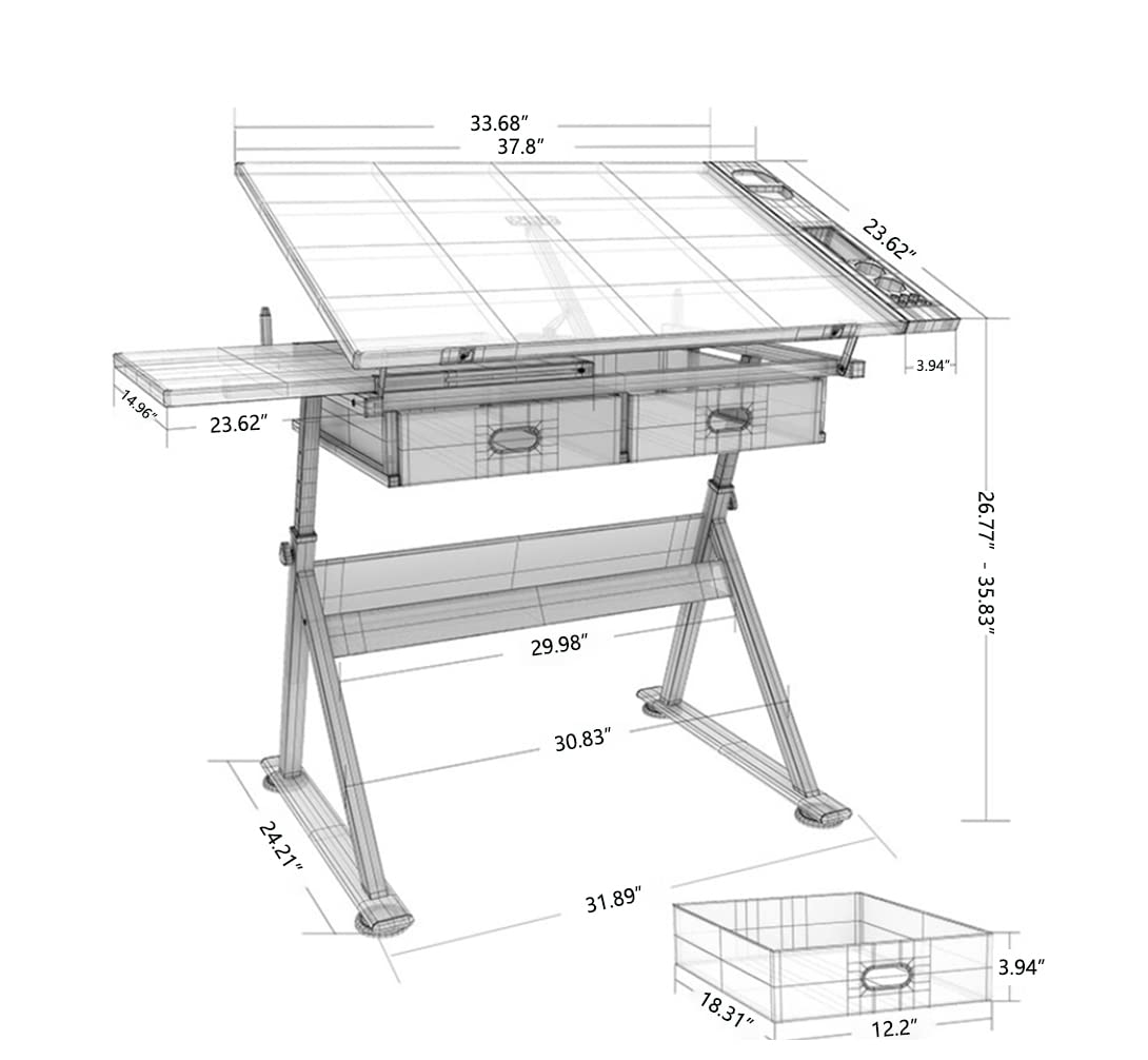 tonchean Drafting Table Height Adjustable Art Desk with Drawers, Wooden Drawing Table Drafting Desk with Storage, Drafting Table Desk Adjustable - WoodArtSupply