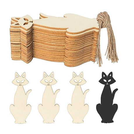 Unfinished Halloween Cat Wood Cat Shaped DIY Wood Halloween Blank Wood with Twines Art Unfinished Ornaments for Halloween Christmas Wedding Birthday Zontween