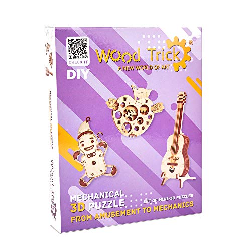 Wood Trick Set of Mini 3D Puzzles - Gingerbread, Guitar, Apple - 3D Wooden Puzzle - Great STEM Project for Beginners Wood Trick
