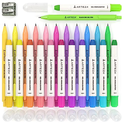 ARTEZA Gel Highlighters & Black Pens Set, Pack of 24 with Sharpener, Smudge-Free, Essential Office and School Writing Supplies, for Bibles, Books, ARTEZA