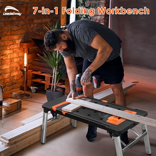 LEADALLWAY 7-in-1 Workbench Folding Painted Work Table as Workbench, Scaffold,Platform,Sawhorse,Car Creeper and Hand Truck with 4 Wheels, Black