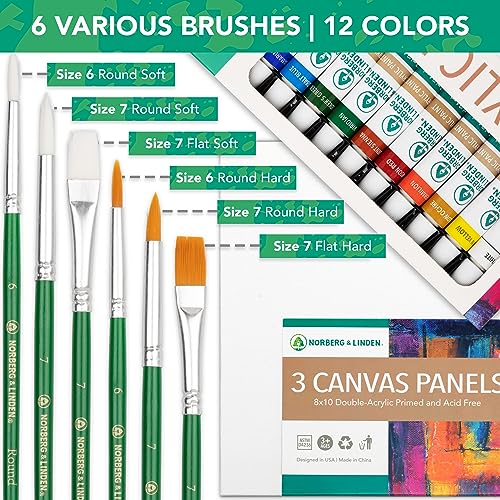 Norberg & Linden Acrylic Paint Set - Canvas and Acrylic Paint Sets for Adults, Teens, Kids - Includes 12 Vivid Colors, 3 Painting Canvas Panels & 6