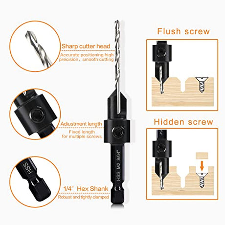 5-pc Woodworking Countersink Counterbore Drill Bit Set 3in1 for #6 8 10 12 16 Screws, M2 Pilot Drill Bits Adjustable Depth, 82-Degree Chamfer with - WoodArtSupply