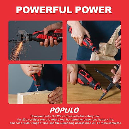 POPULO 12V Cordless Rotary Tool Kit, 5 Variable Speeds, Max Load Speed up to 32000RPM, Powerful Engraver, Sander, Polisher, 114 Easy Change - WoodArtSupply